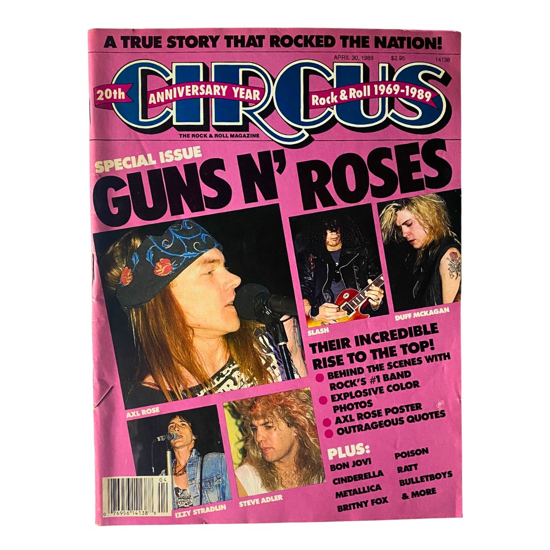 Cover of the VTG Circus Magazine April 30, 1989 featuring Axl Rose, Slash, and Duff McKagan. This vintage issue showcases Guns N' Roses with a vibrant pink design.