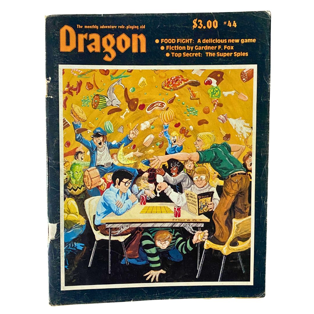 Front cover of VTG The Dragon Magazine December 1980 #44, titled Lure of the Golden Godling, featuring colorful illustrations and highlights like 'FOOD FIGHT' and 'Fiction by Gardner F. Fox'.