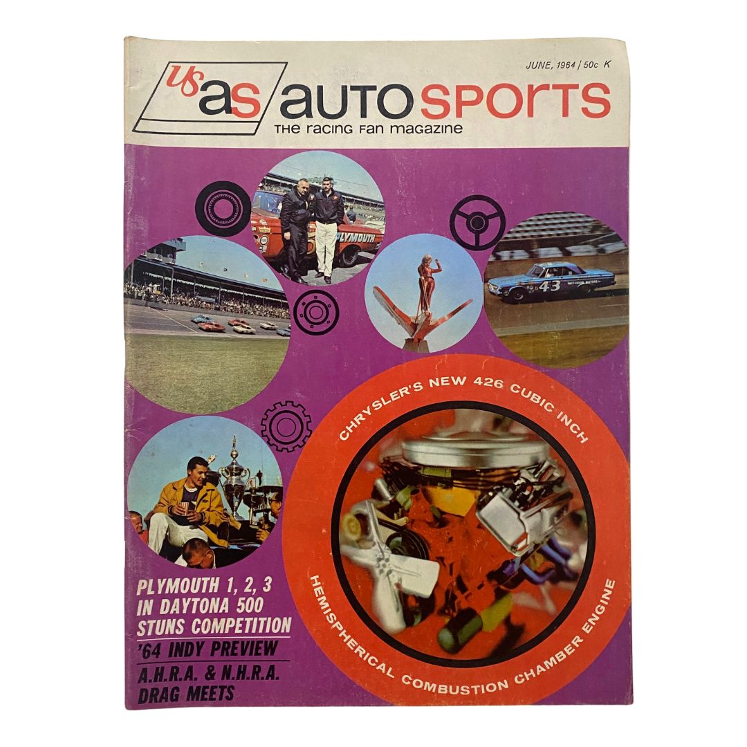 Cover of Auto Sports The Racing Fan Magazine from June 1964 showcasing Chrysler's 426 cubic inch engine, featuring vintage racing imagery and articles about the 1964 Daytona 500.