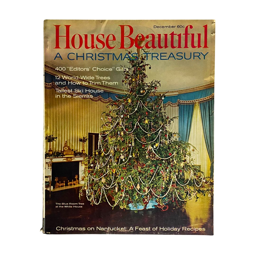 VTG House Beautiful Magazine December 1966 cover featuring a beautifully decorated Christmas tree and showcasing the theme 'A Christmas Treasury'.