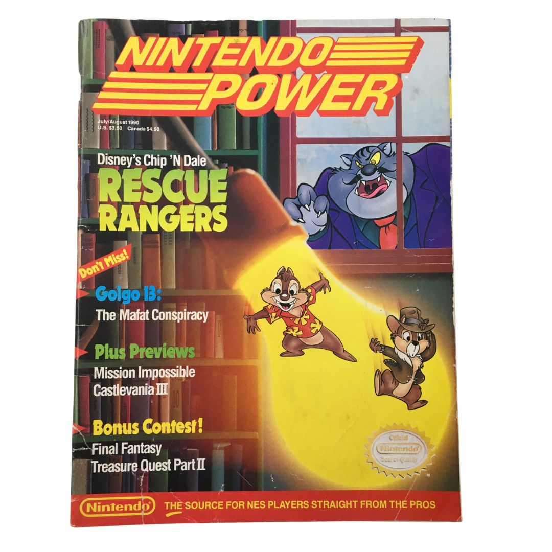 Cover of Nintendo Power Magazine, July 1990, featuring Disney's Chip 'N Dale Rescue Rangers