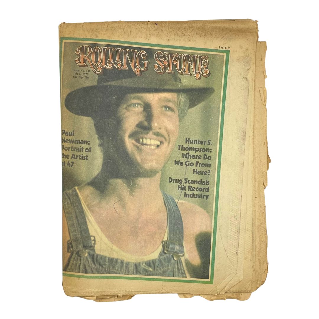 Rolling Stone Magazine July 5 1973 Issue No. 138 featuring Paul Newman on the cover, showcasing his photograph in overalls and a hat.