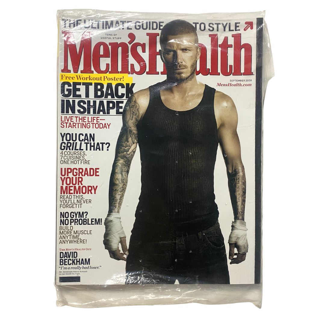 Men's Health Magazine September 2008 featuring David Beckham on the cover, promoting fitness and wellness, new and sealed.