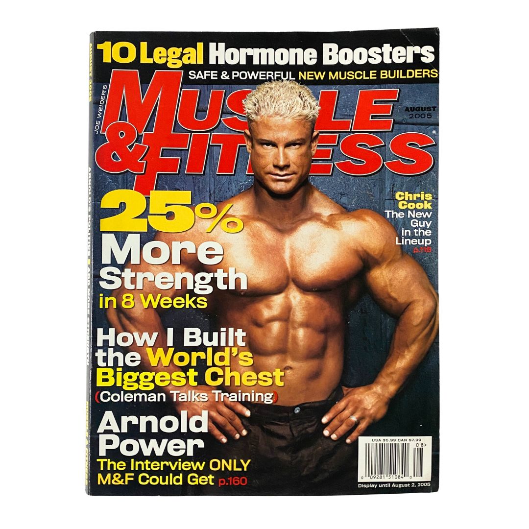 Cover of Muscle & Fitness Magazine August 2005 Vol 66 No. 8 featuring Chris Cook, showcasing the headline '25% More Strength in 8 Weeks' and articles on legal hormone boosters and training tips.