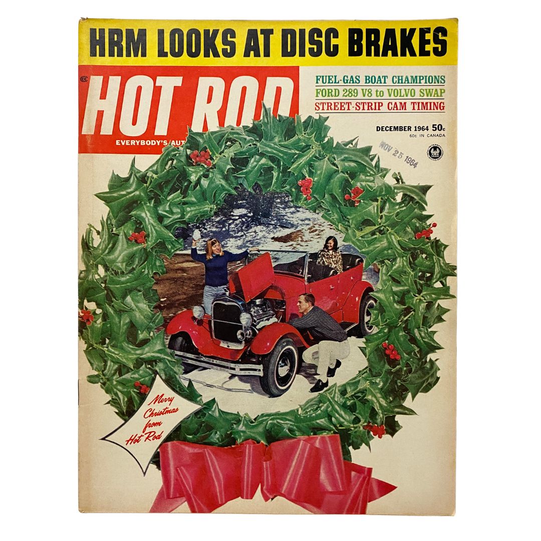 VTG Hot Rod Magazine December 1964 cover featuring a vibrant holiday theme with a classic red car and people celebrating. The title highlights 'HRM Looks at Disc Brakes'.