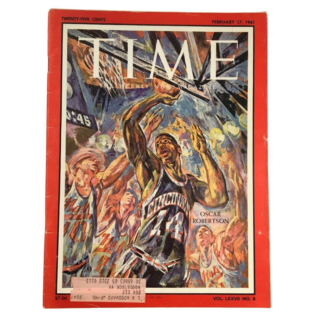 Time Magazine February 17 1961 Vol 77 #8 featuring Oscar Robertson on the cover, highlighting the NBA star's impact on basketball history. The vibrant artwork captures a dynamic basketball scene.
