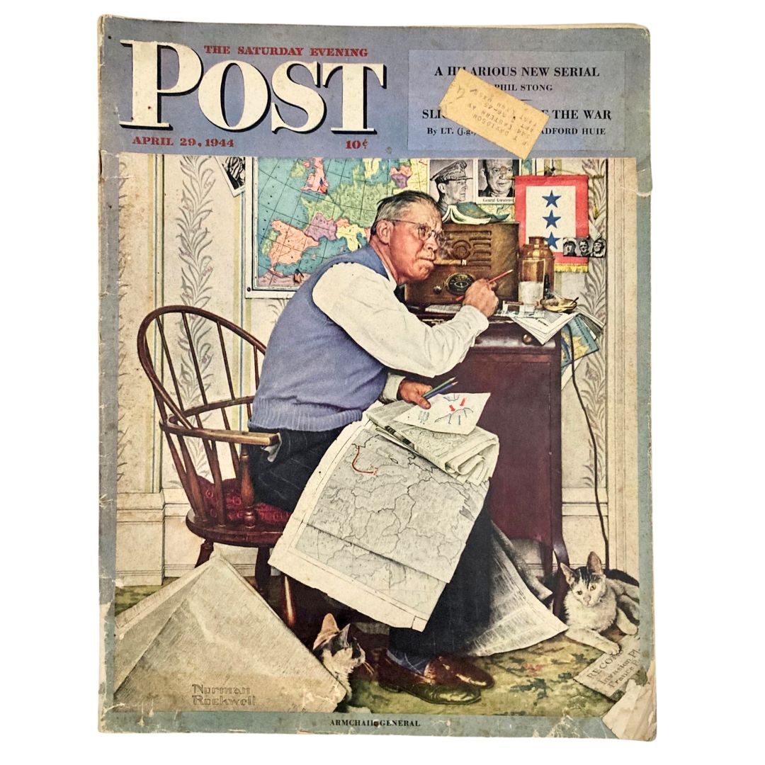 Saturday Evening Post Magazine April 29 1944 illustrated cover featuring a man studying maps with a cat at his feet, artwork by Norman Rockwell, capturing mid-20th century American life.