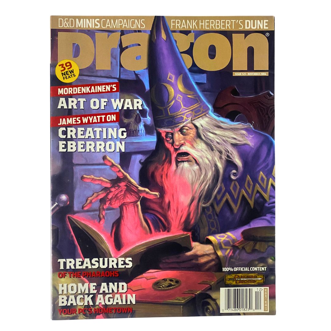 Cover of Dragon Magazine November 2004 #325 featuring stunning fantasy art with a wizard character, titled 'By Merlin's Beard', appealing to tabletop gaming enthusiasts.