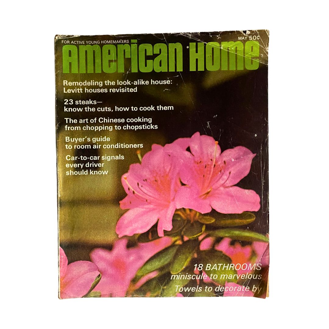 Cover of the VTG American Home Magazine from May 1968 featuring vibrant pink azaleas, with additional articles including remodeling tips, cooking advice, and home decor ideas.