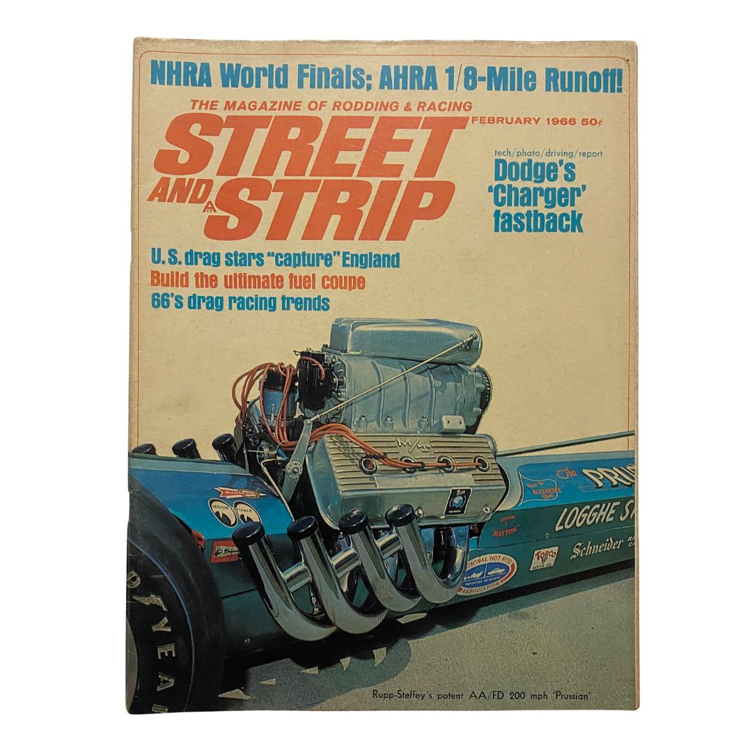 Cover of VTG Street & Strip Magazine February 1966 showcasing drag racing and fuel coupe insights with a vintage hot rod design.