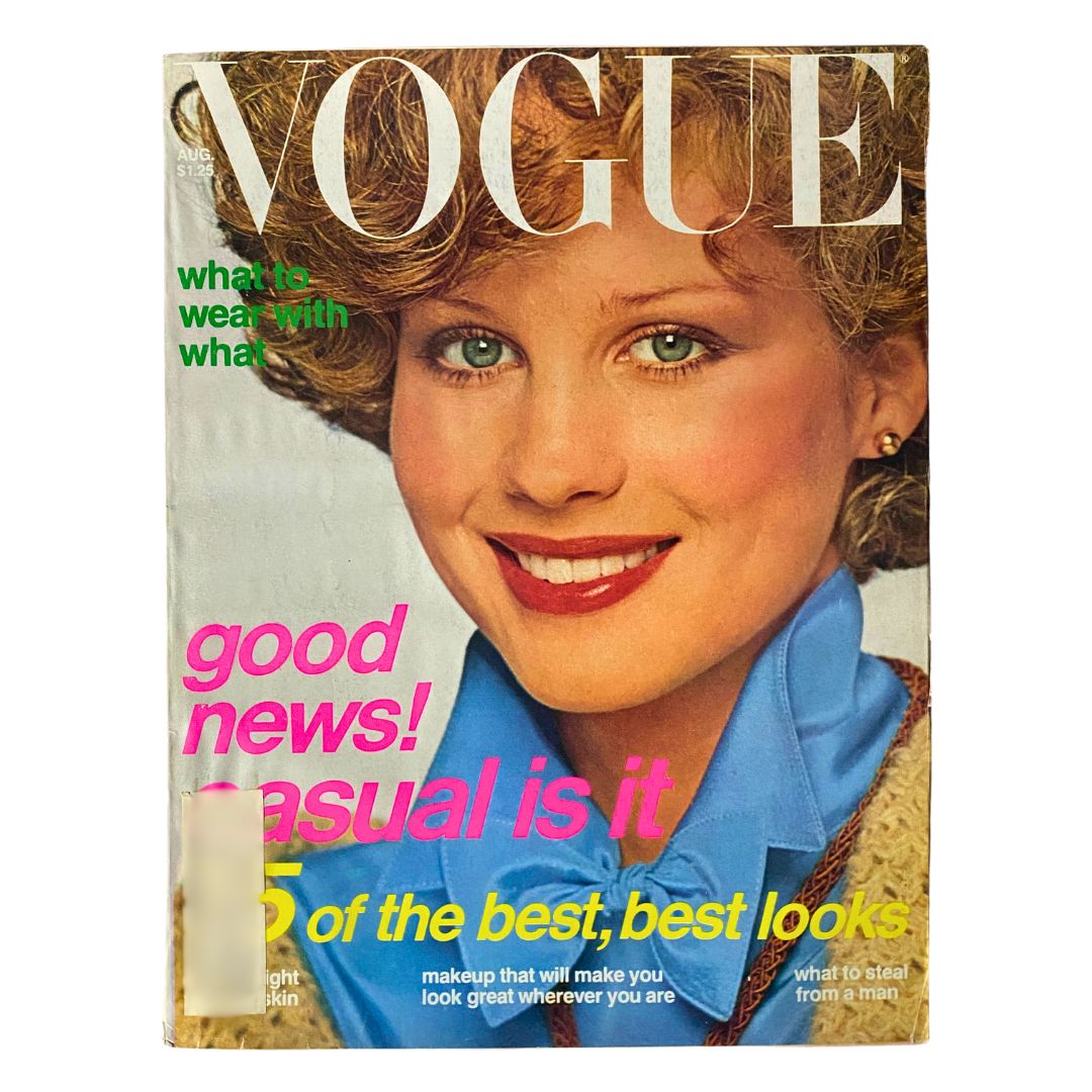 Cover of VTG Vogue Magazine August 1976 featuring Rosie Vela photographed by Arthur Elgort, showcasing bold typography and a vibrant color palette, reflecting 1970s fashion trends.