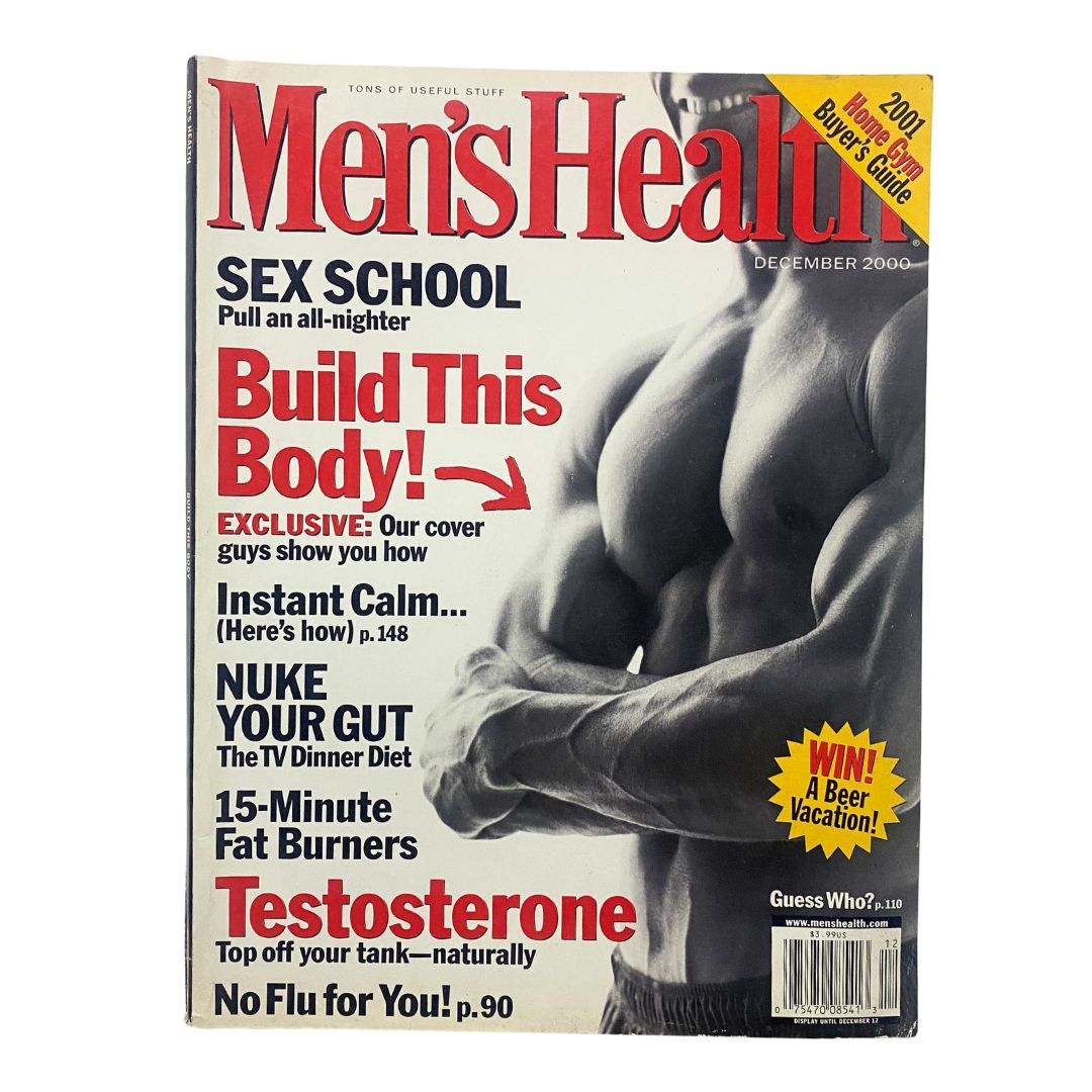 Cover of Men's Health Magazine December 2000 featuring the title "Nuke Your Gut" and articles on health topics including the "TV Dinner Diet" and fitness strategies.