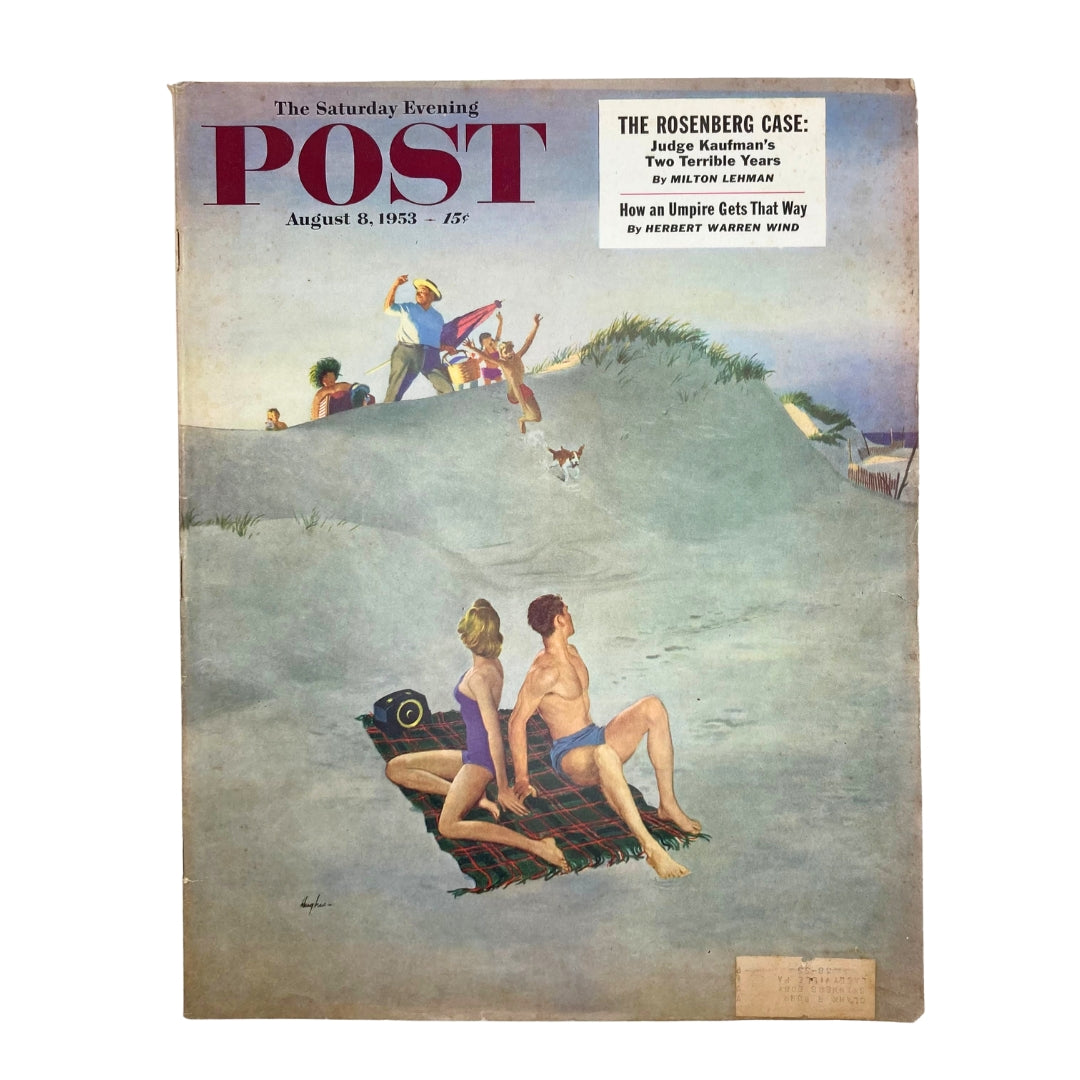 Cover of Saturday Evening Post Magazine from August 8, 1953, featuring artwork 'To Sweethearts' by George Hughes, depicting a beach scene with couples and children.