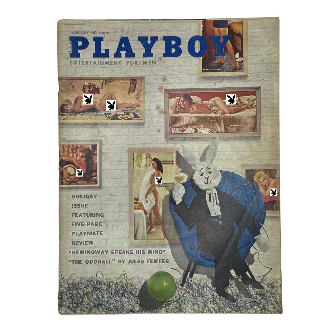 Playboy Magazine January 1961 cover featuring Connie Cooper as centerfold, showcasing retro artwork, including a whimsical rabbit character and various framed images, highlighting the magazine's vintage appeal.