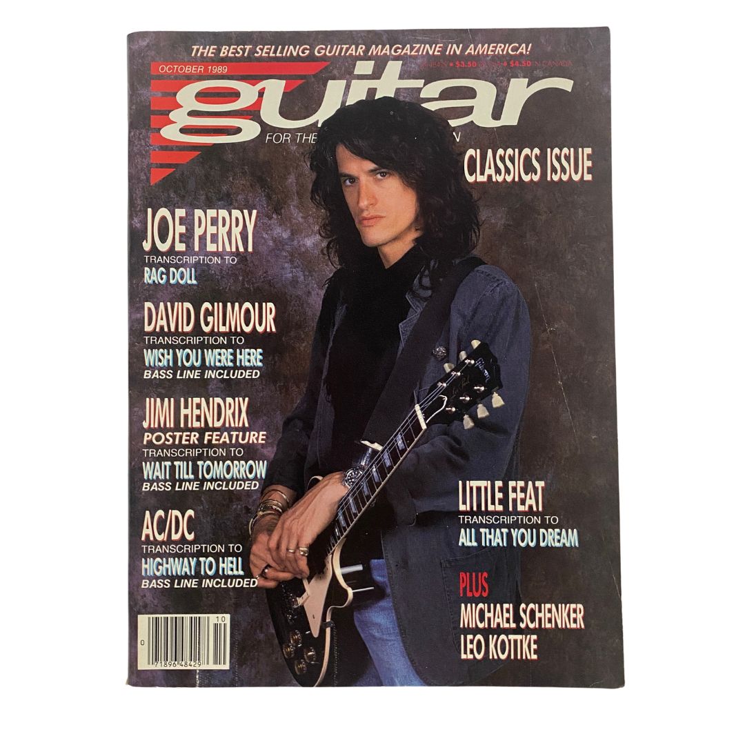 Guitar for the Practicing Musician Magazine, October 1989 cover featuring Joe Perry, including highlights on David Gilmour, Jimi Hendrix, AC/DC, and more.