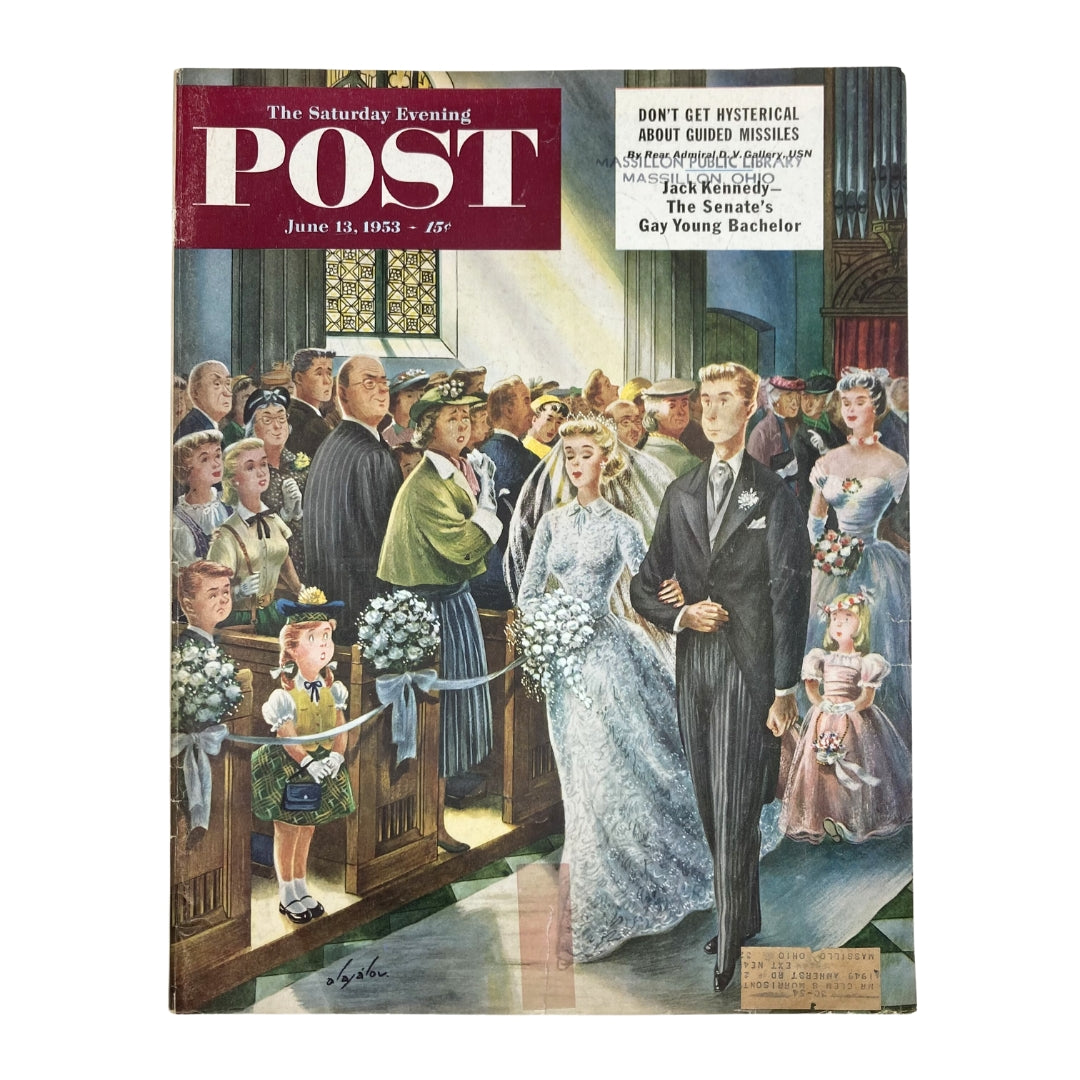 Cover of the Saturday Evening Post Magazine from June 13, 1953, featuring the artwork titled 'The First Church' by artist Alajalov, depicting a wedding scene inside a church with guests in attendance.