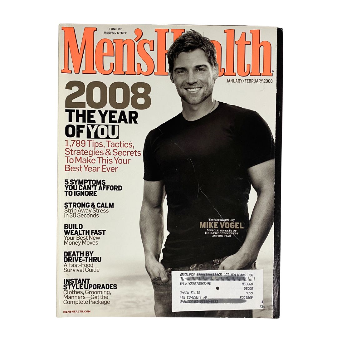 Men's Health Magazine January 2008 cover featuring Hollywood action star Mike Vogel, highlighting fitness tips, health strategies, and wellness insights.