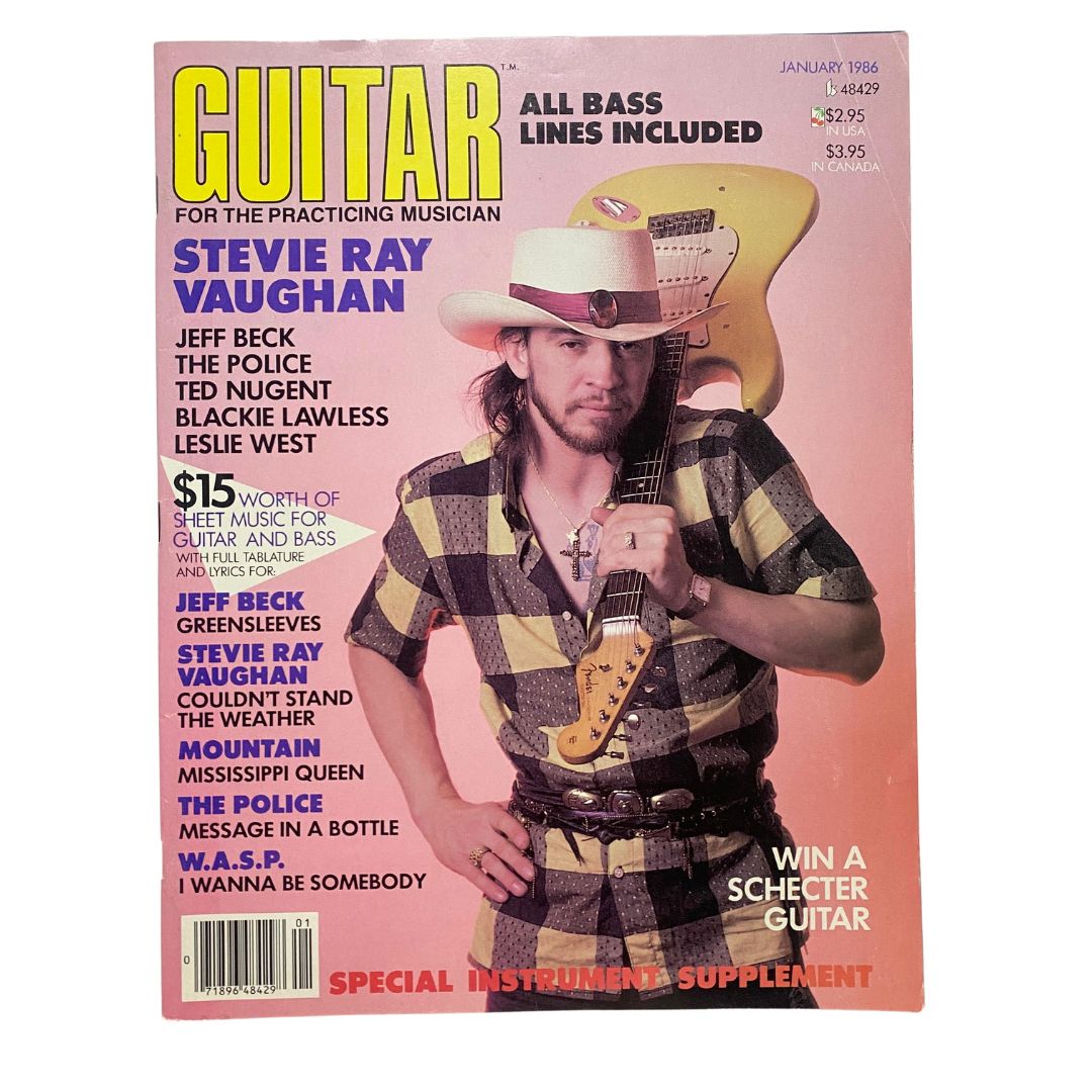 Guitar for the Practicing Musician Magazine January 1986 featuring Stevie Ray Vaughan on the cover, showcasing his iconic style with a guitar.