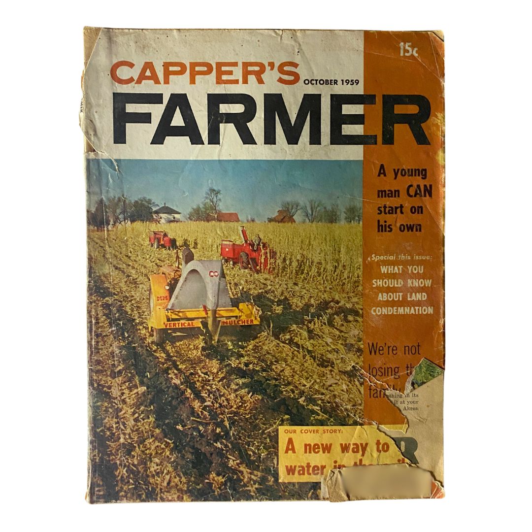 VTG Carper's Farmer Magazine October 1959 cover featuring a vintage farming landscape with tractors and a plow, showcasing mid-20th century agricultural themes.