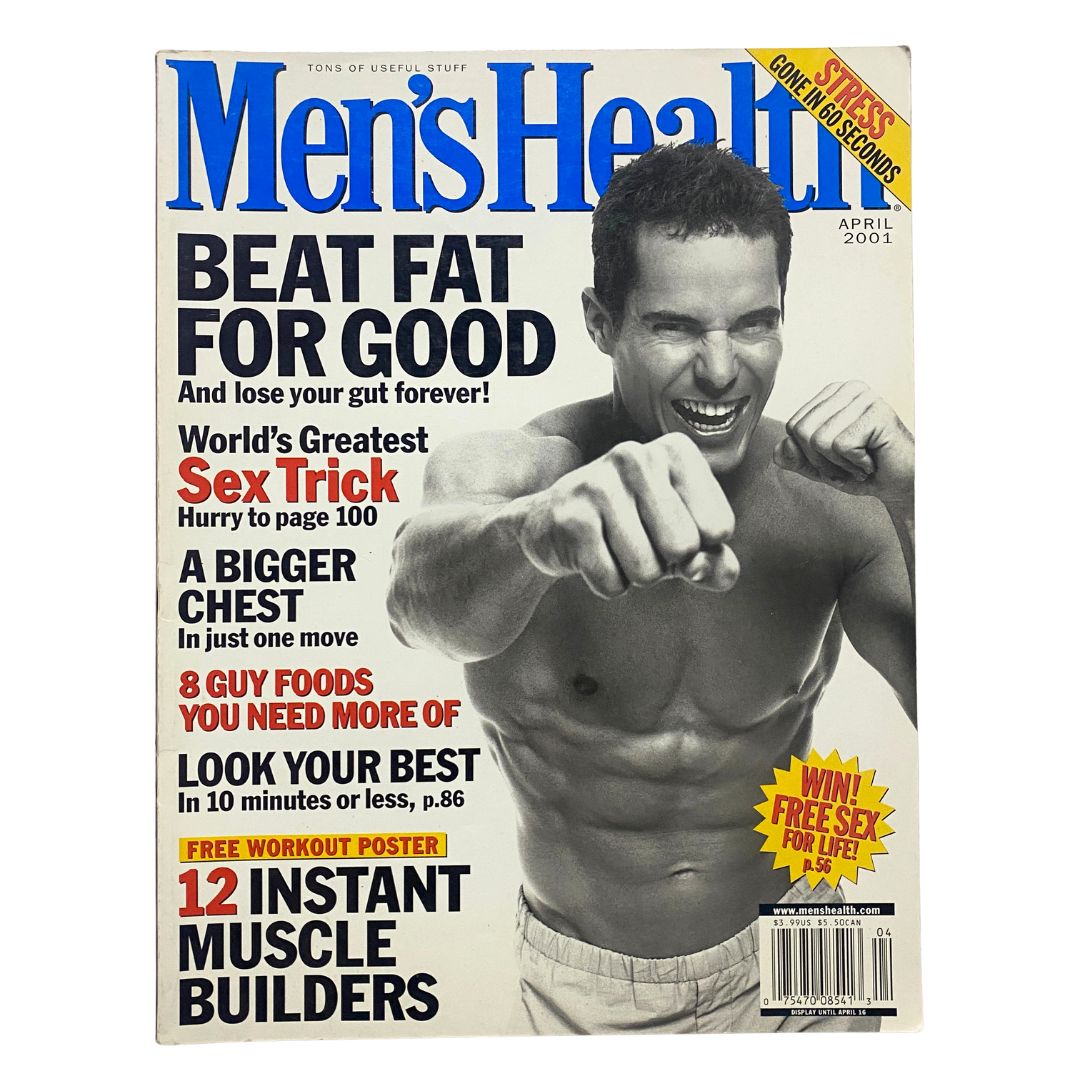 Men's Health Magazine April 2001 cover featuring an article on instant muscle builders and fitness tips, showcasing a muscular man in a dynamic pose on the front page.