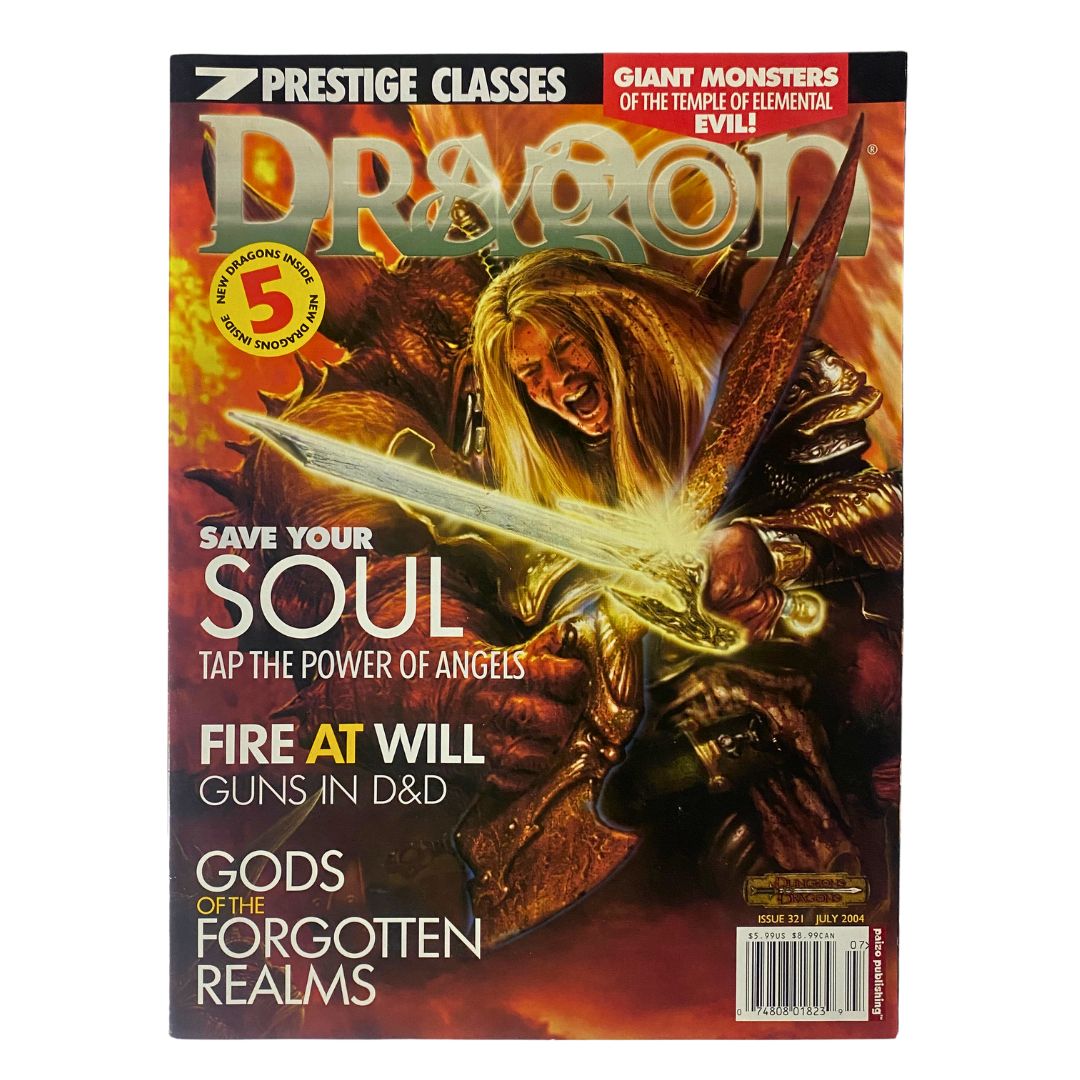 Cover of Dragon Magazine July 2004, Issue #321 featuring artwork by Arnie Swekel, depicting an epic fantasy scene with a warrior wielding a sword.