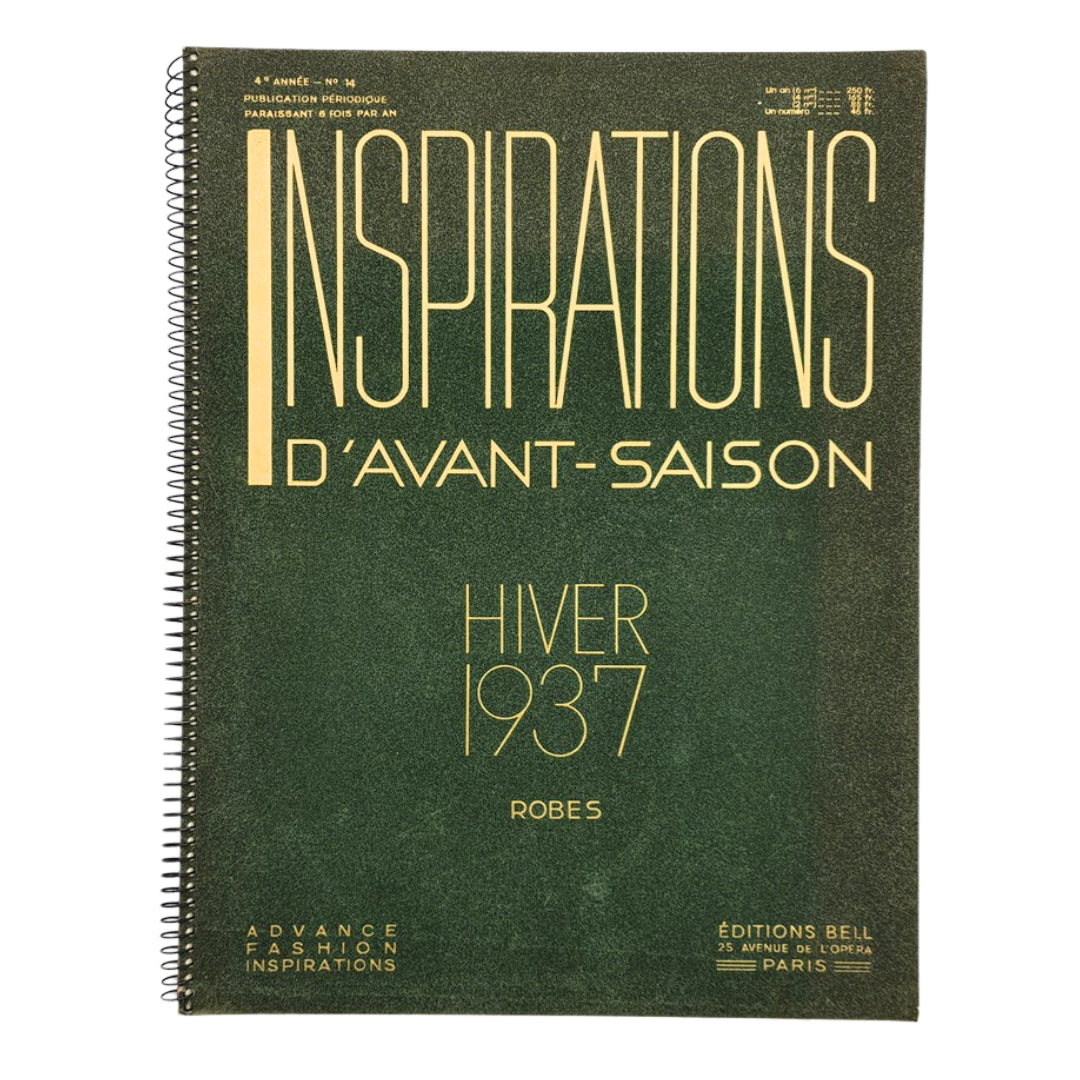Cover of the 1937 Les Editions Bell Inspirations D'Avant-Saison Haute Couture Brochure featuring elegant black and gold typography on a textured green background.