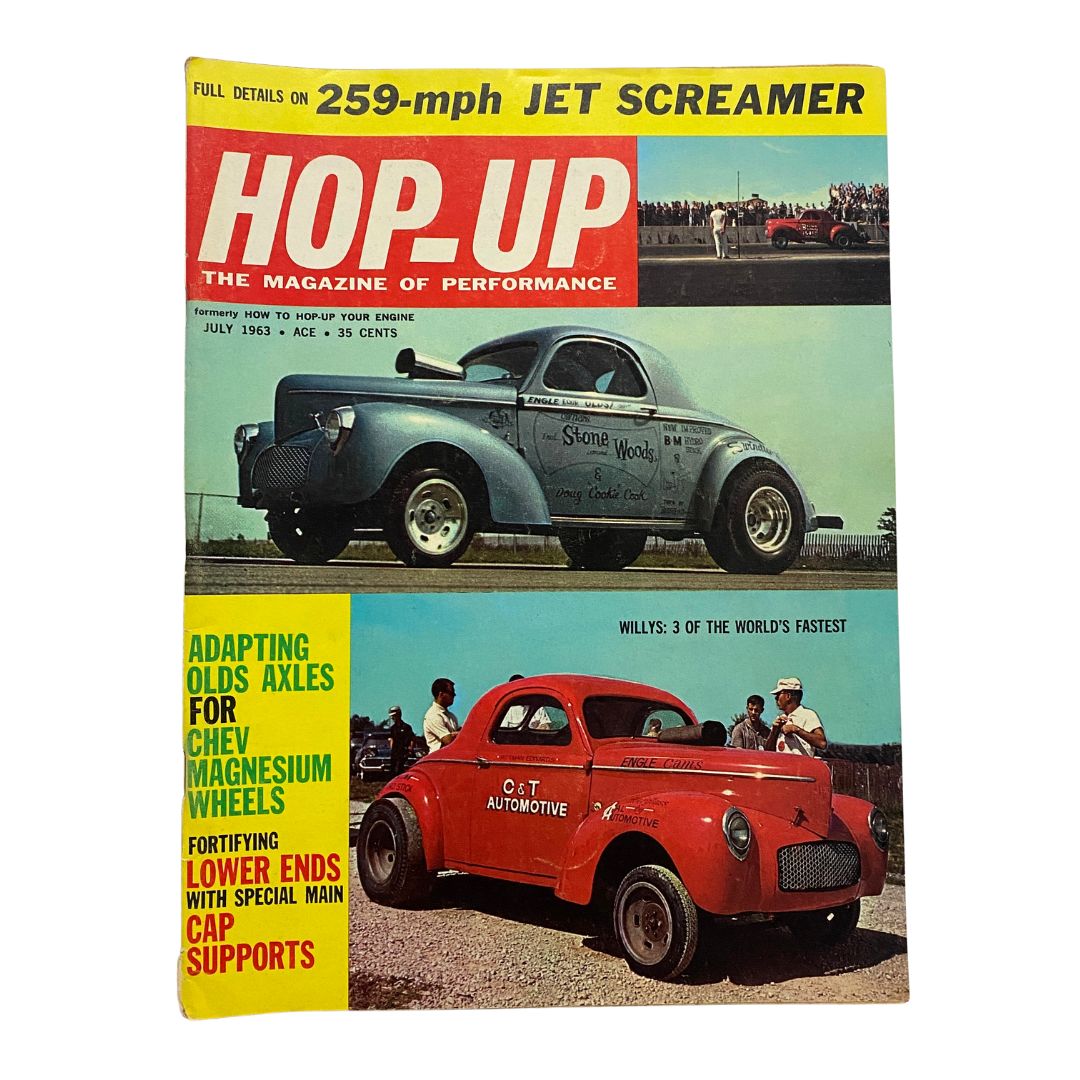 Cover of the VTG Hop Up Magazine July 1963 featuring Willys: 3 of The World's Fastest, showcasing vintage cars and automotive performance details.