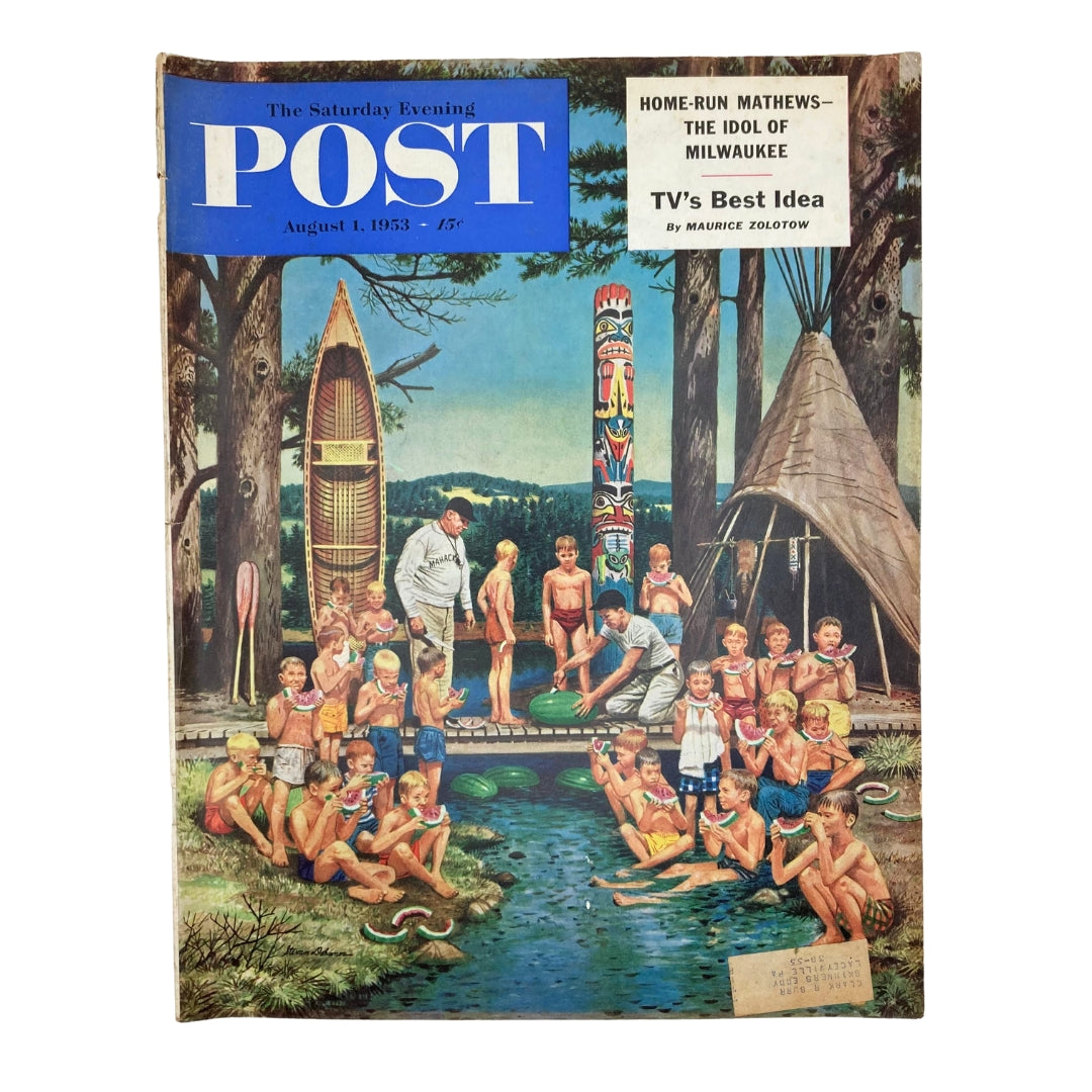 Cover of Saturday Evening Post Magazine August 1, 1953 featuring vibrant artwork depicting a summer scene with children enjoying watermelon and engaging in outdoor activities, showcasing the theme of Americana.