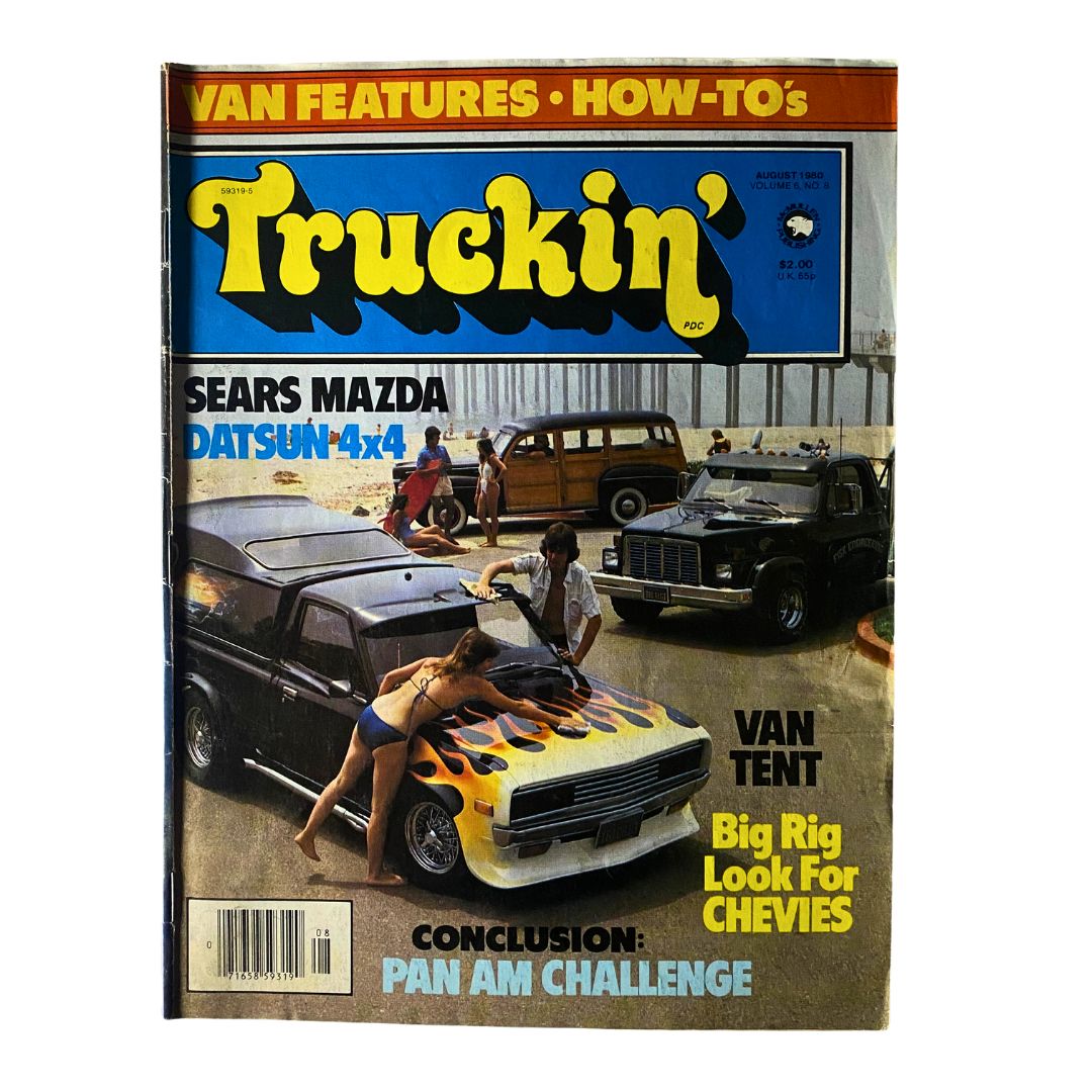 Cover of VTG Truckin' Magazine August 1980 featuring Sears Mazda and Datsun 4x4, showcasing classic automotive culture with vibrant visuals.