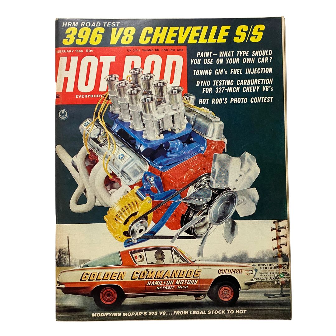 Cover of VTG Hot Rod Magazine February 1966 featuring Golden Commandos from Hamilton Motors with a 396 V8 engine and classic car visuals.