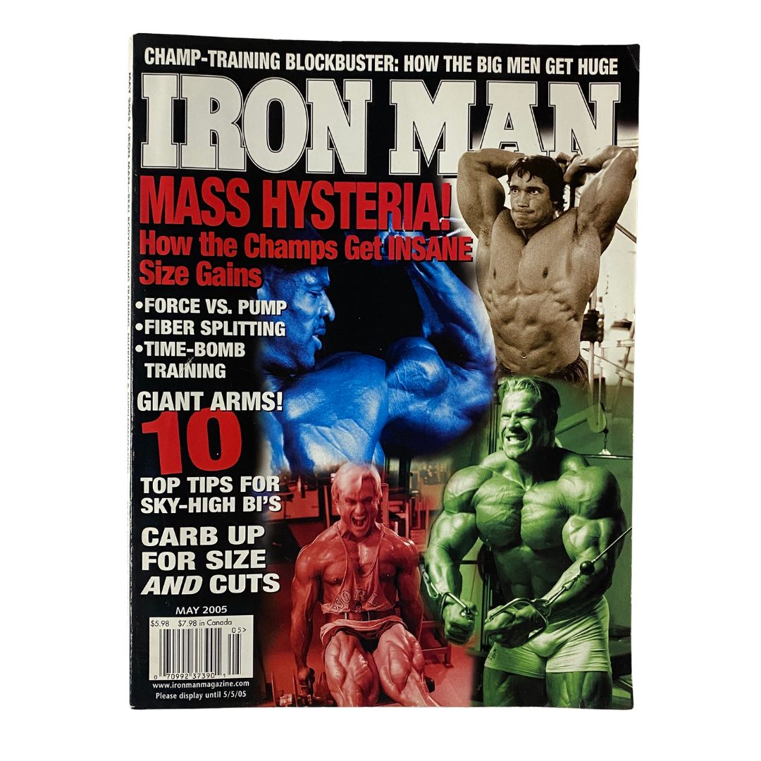 Iron Man Magazine May 2005 cover featuring bodybuilders, showcasing headlines on size gains, training tips, and bodybuilding culture.