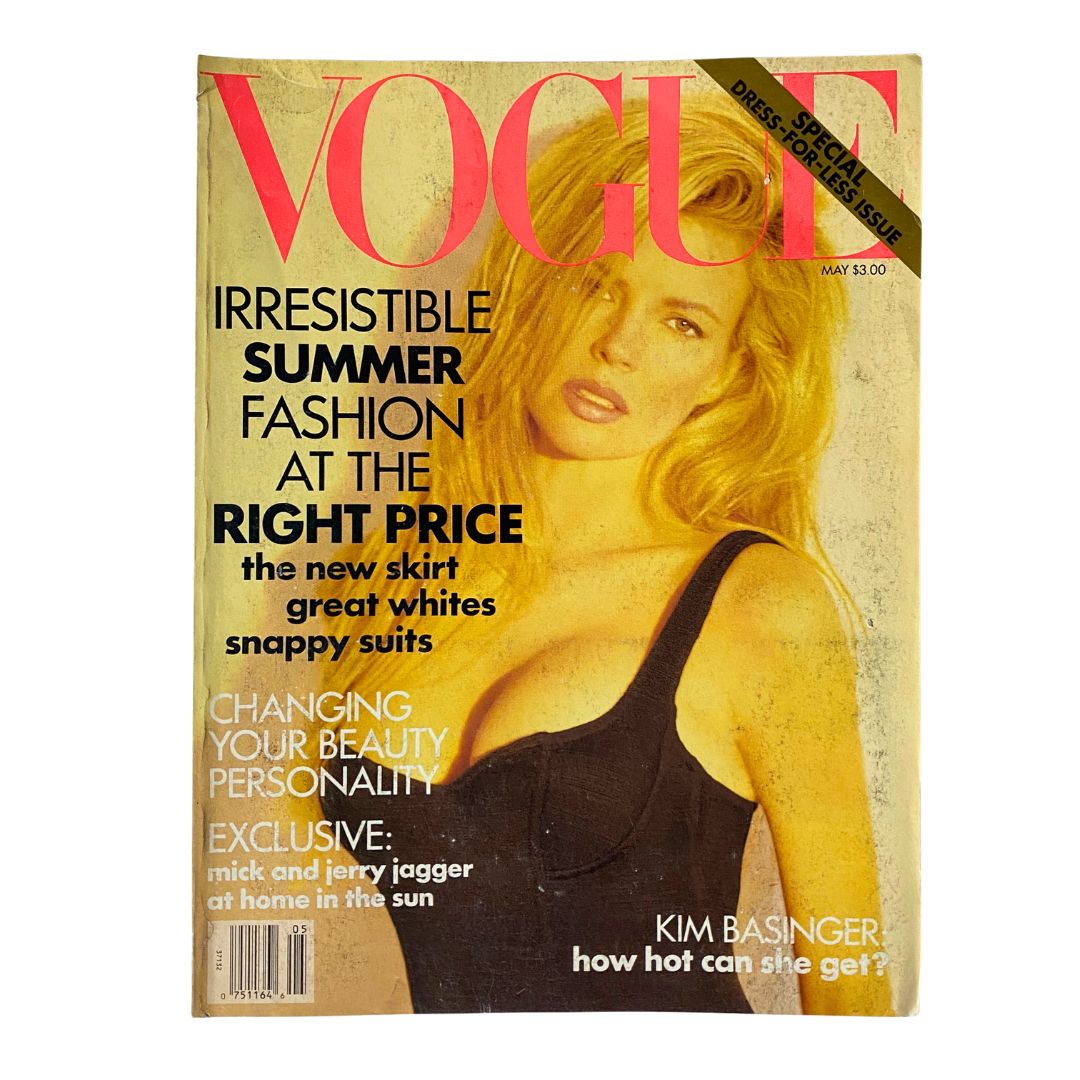 Vogue Magazine May 1991 cover featuring Kim Basinger, photographed by Herb Ritts, showcasing summer fashion trends.