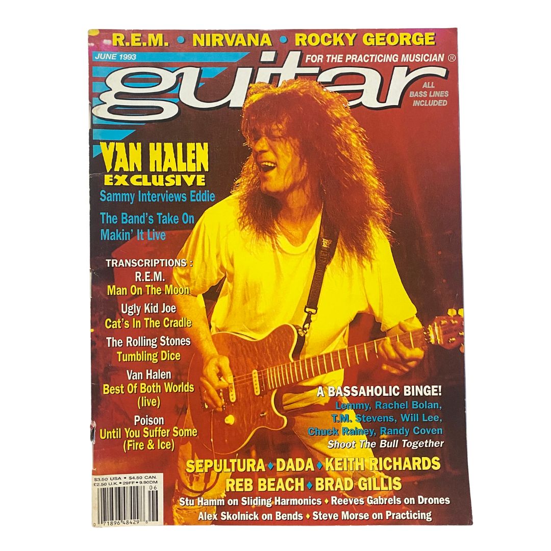 Cover of Guitar for the Practicing Musician Magazine June 1993 featuring Van Halen, includes articles and guitar tutorials.