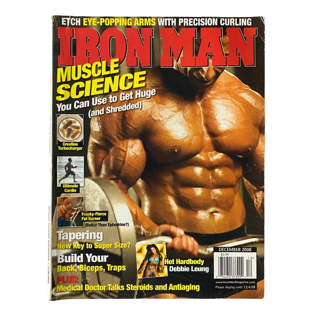 Cover of Iron Man Magazine December 2008, Vol 67 No. 12 featuring a muscular athlete and articles on muscle science, bodybuilding tips, and fitness insights.