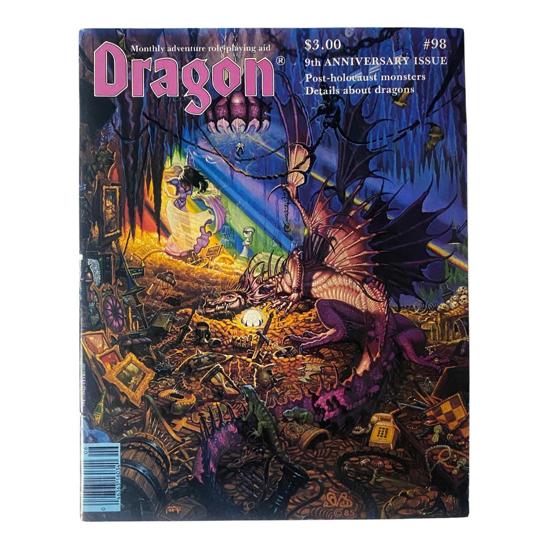 Cover of VTG Dragon Magazine June 1985 Issue #98 featuring post-holocaust monsters, showcasing vibrant artwork and fantasy elements.