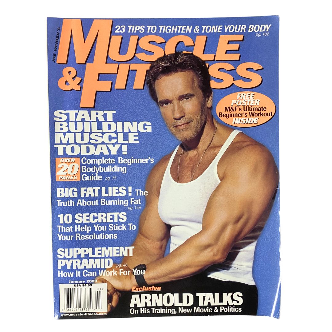 Muscle & Fitness Magazine January 2000 featuring Arnold Schwarzenegger on the cover, showcasing fitness and bodybuilding culture, renowned for its tips and iconic presence.