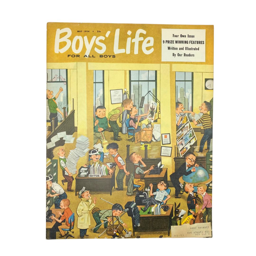 Cover of VTG Boys' Life for All Boys Magazine from May 1954 featuring an illustration of children engaged in various activities inside an office setting.