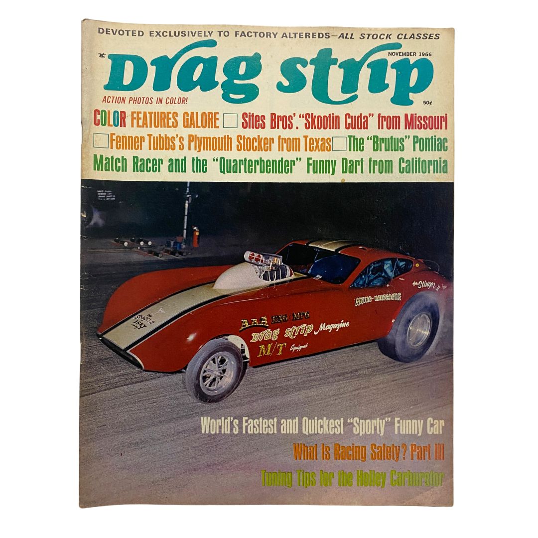 VTG Drag Strip Magazine November 1966 featuring a vibrant cover with a red funny car in action, showcasing topics like match racers and quarterbenders in drag racing.