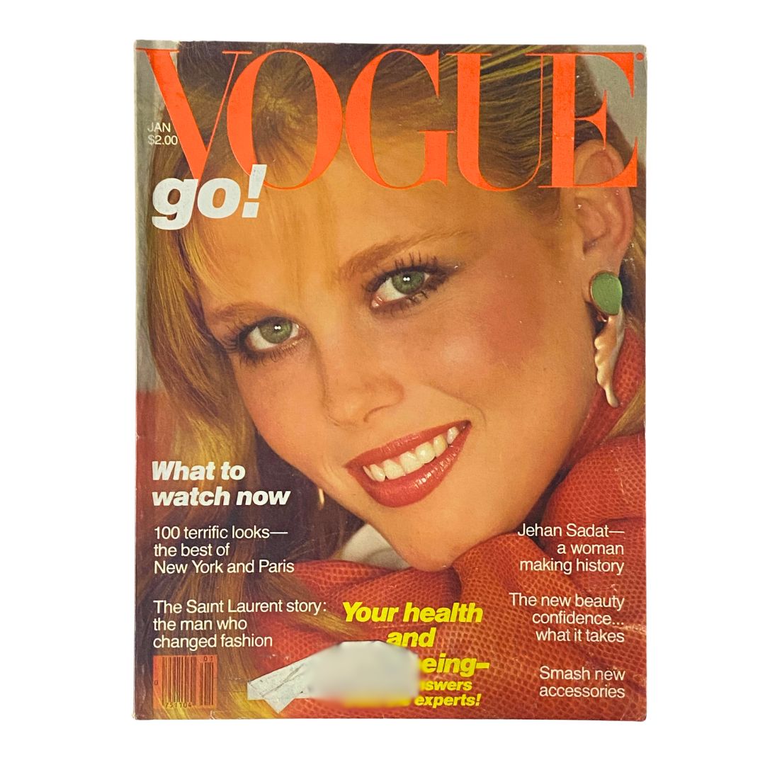 Cover of VTG Vogue Magazine January 1980 featuring Nancy Donahue, showcasing vibrant colors and bold fashion styling.