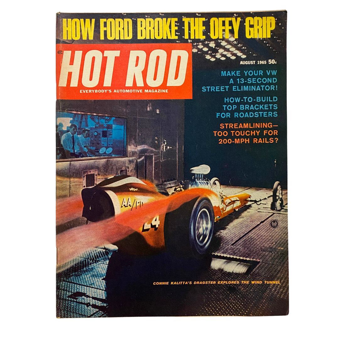 VTG Hot Rod Magazine August 1965 featuring Connie Kalitta's dragster on the cover, showcasing a vibrant design with a wind tunnel image and articles on automotive performance.