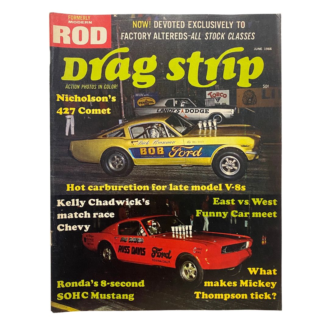 Cover of VTG Drag Strip Magazine June 1966 featuring Nicholson's 427 Comet, showcasing classic drag racing cars and vibrant graphics.