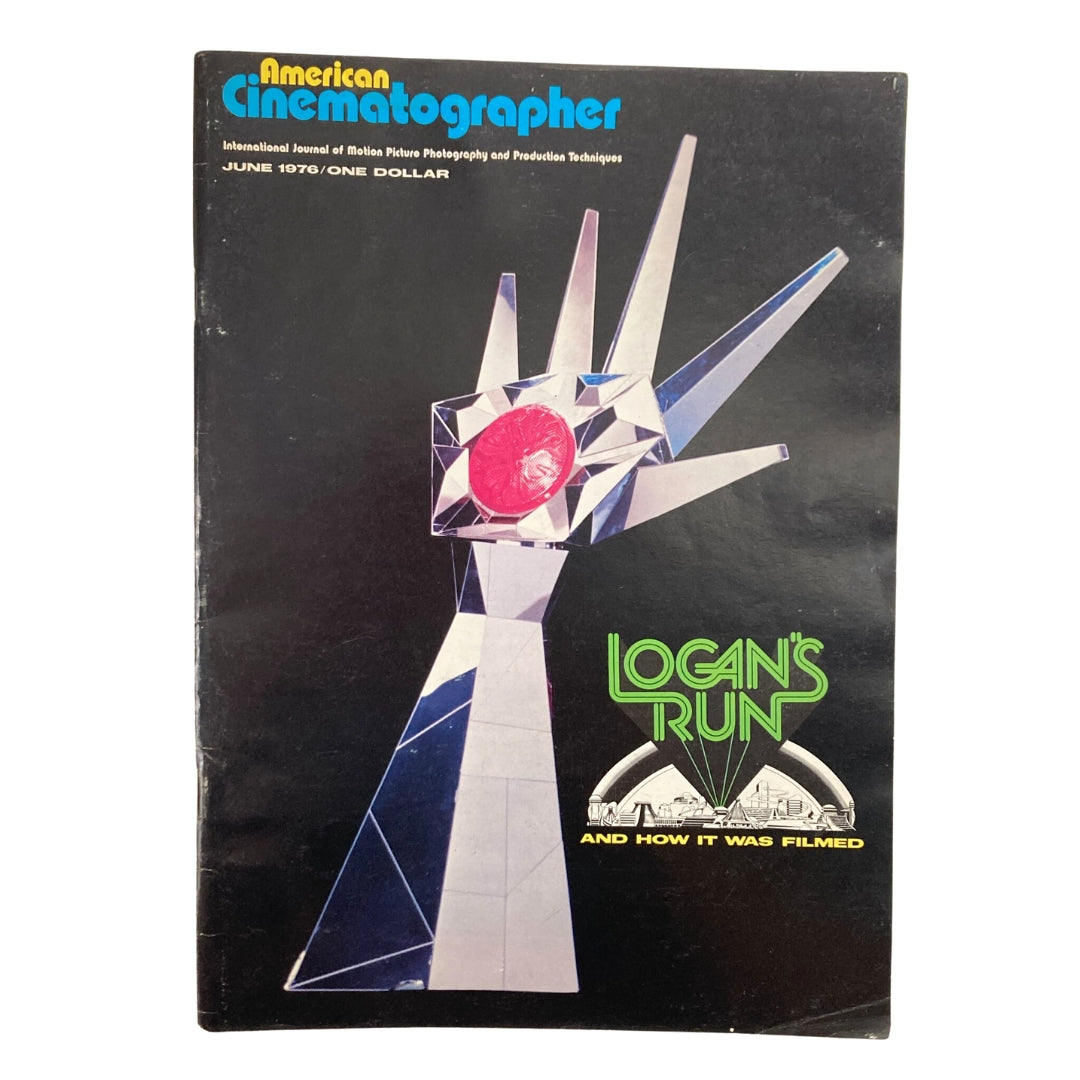 Cover of American Cinematographer Magazine June 1976 featuring 'Logan's Run' by Michael Anderson with an iconic stylized hand design.