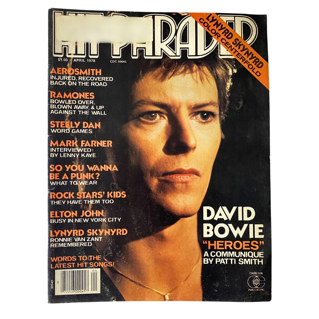 Cover of VTG Hit Parader Magazine April 1978 featuring David Bowie during his 'Heroes' era alongside articles on rock artists like Aerosmith and Lynyrd Skynyrd.