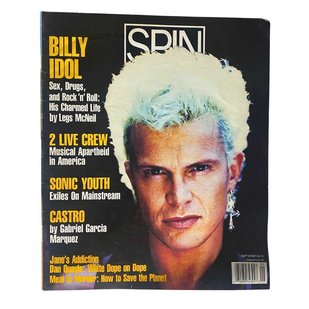 Spin Magazine September 1990 Vol 6 No. 6 featuring Billy Idol on the cover, with bold headlines discussing his life and music, along with features on Sonic Youth and other notable topics in the music scene of the early 90s.