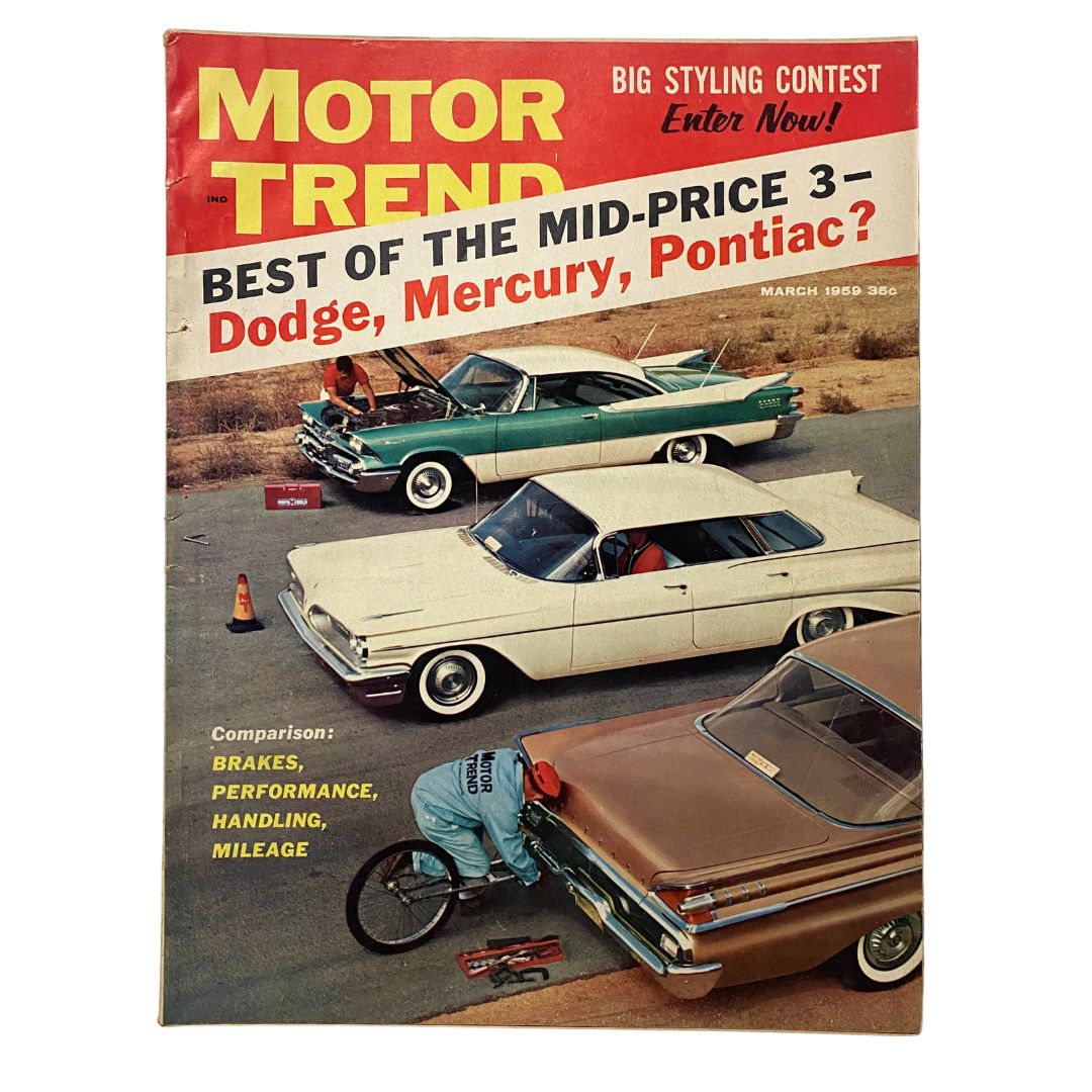 Cover of VTG Motor Trend Magazine March 1959 featuring a comparison of Dodge, Mercury, and Pontiac cars, highlighting aspects like brakes, performance, handling, and mileage in a vintage automotive scene.