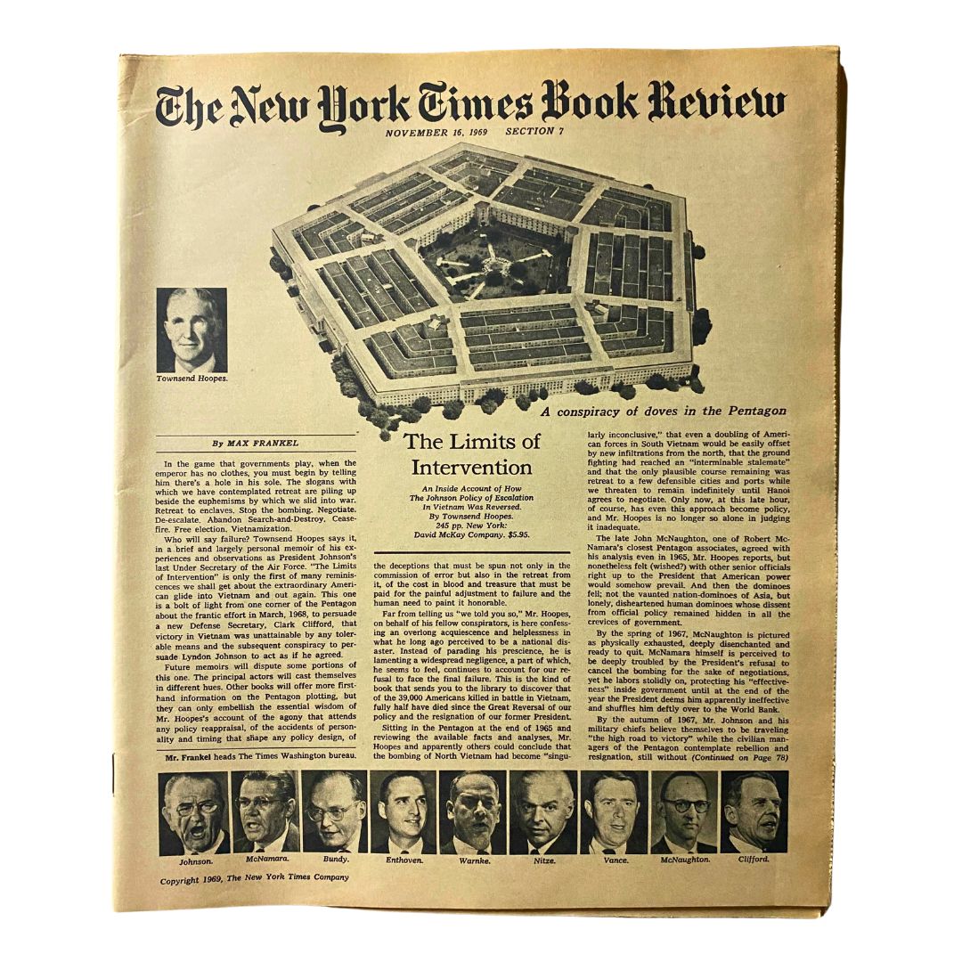 The New York Times Book Review November 16, 1969, featuring an article by Townsend Hoopes and a photo of the Pentagon, highlighting the limits of intervention in U.S. foreign policy.