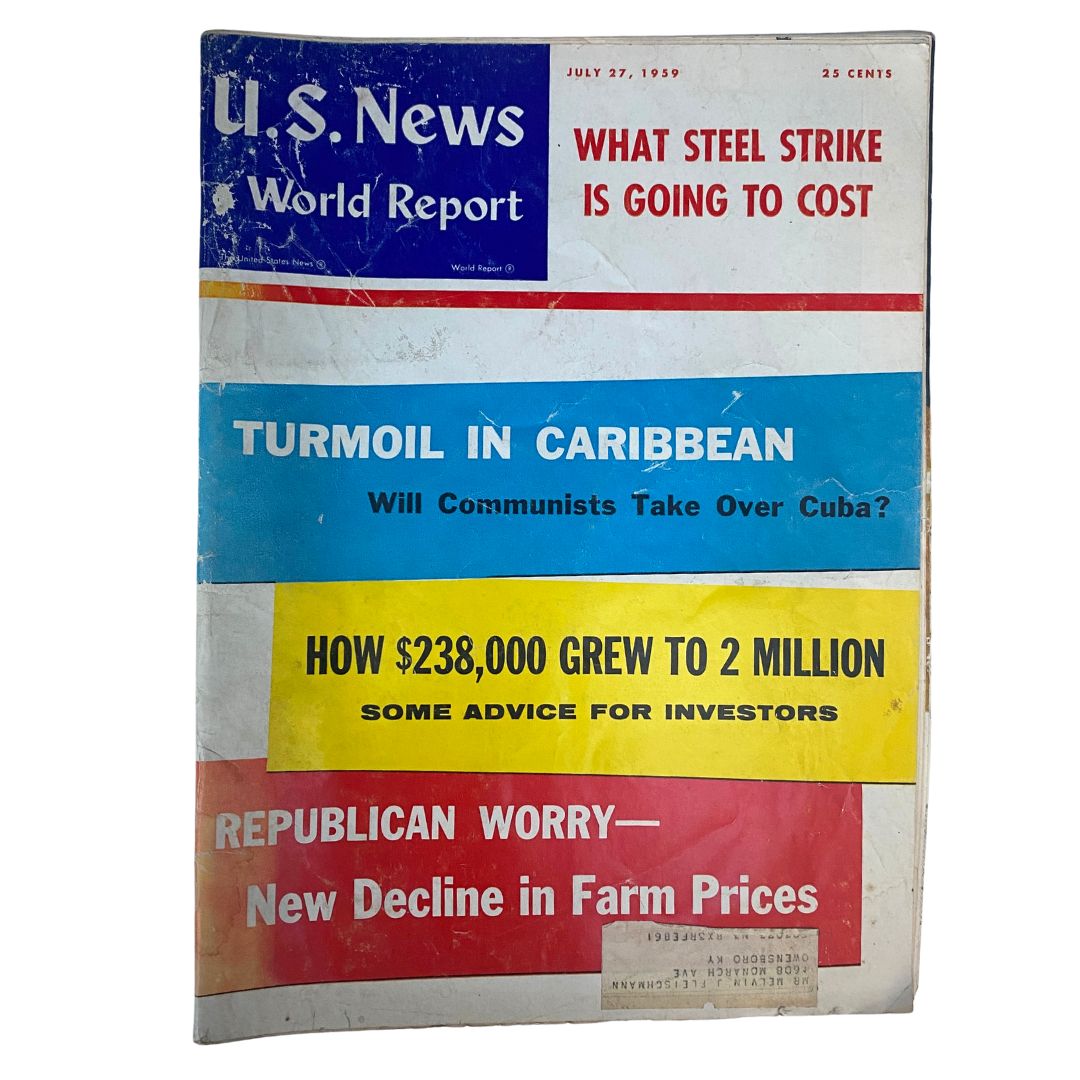 Cover of US News & World Report Magazine dated July 27, 1959, featuring the headline 'Turmoil in Caribbean' with subheadings about potential communist influence in Cuba, financial advice, and concerns regarding farm prices.