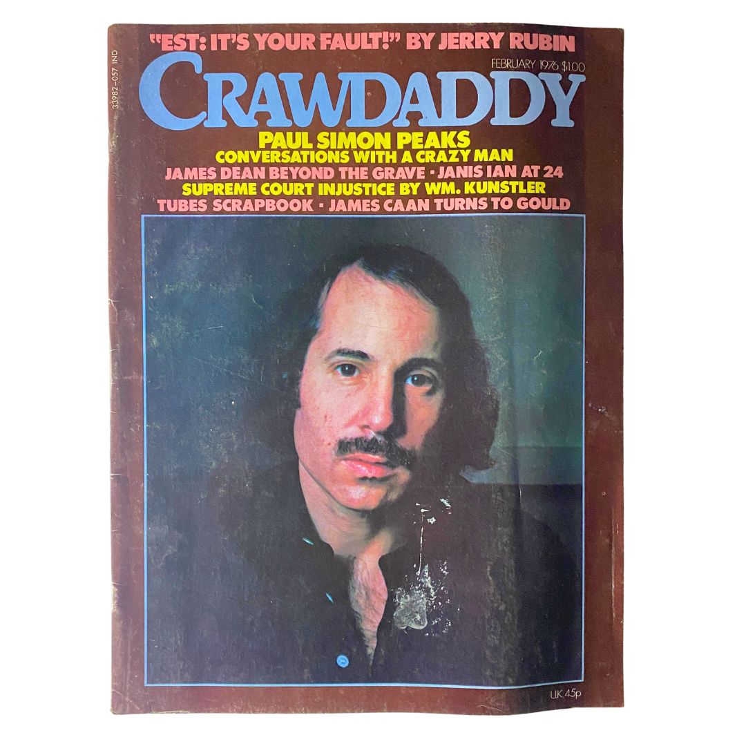 VTG Crawdaddy Magazine February 1976 featuring Paul Simon on the cover, showcasing the iconic musician with a serious expression. The magazine highlights cultural shifts in the 1970s music scene.