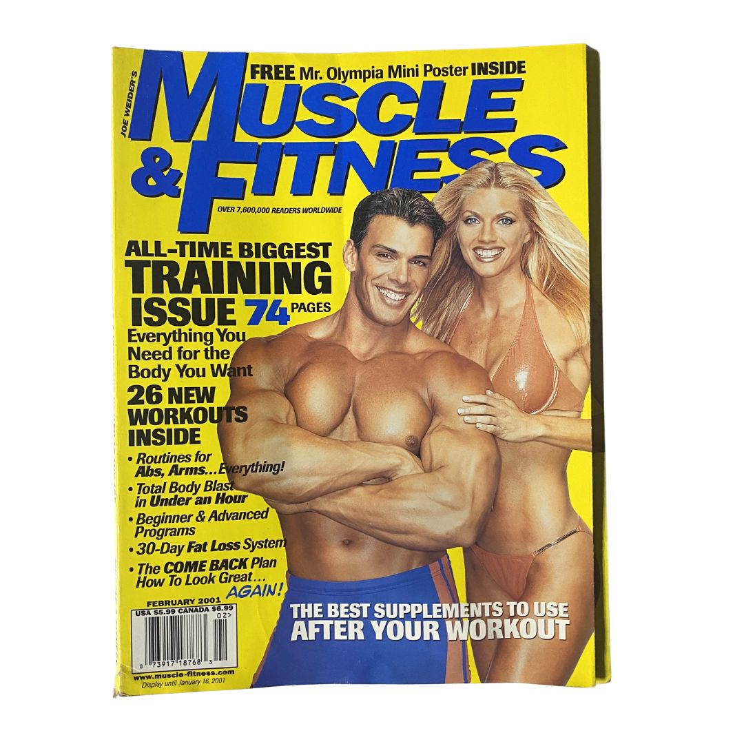 Cover of Muscle & Fitness Magazine February 2001 featuring Kristia Knowles and Frank Sepe, showcasing fitness trends and workout tips.