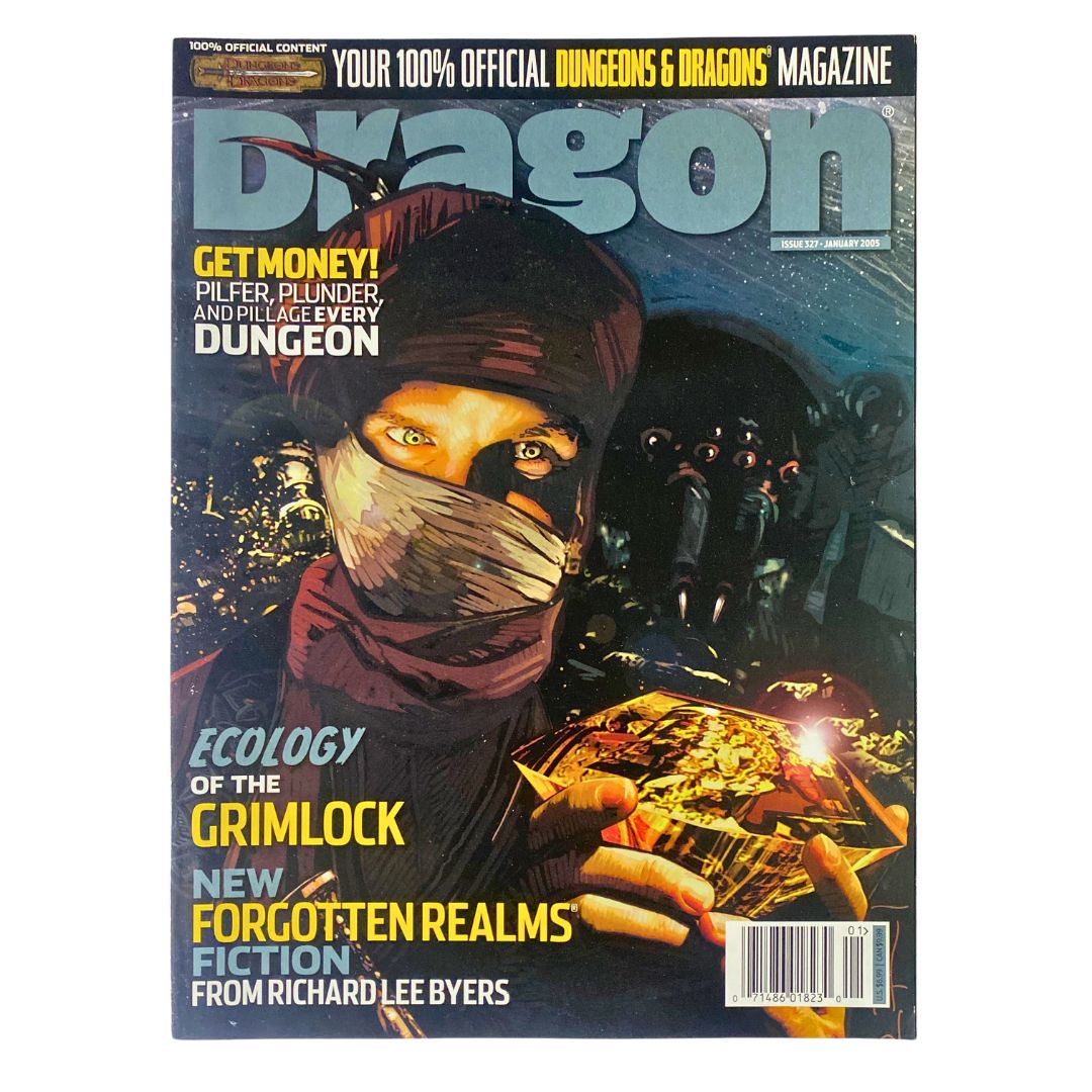 Cover of Dragon Magazine January 2005 #327 featuring the theme 'Ecology of the Grimlock', showcasing a character holding treasure in a dark dungeon setting.
